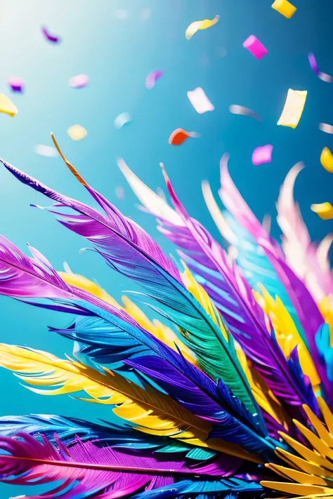 carnival, feather and confetti, rainbow, colorful, light blue background, high details, high quality, realistic, sharp focus