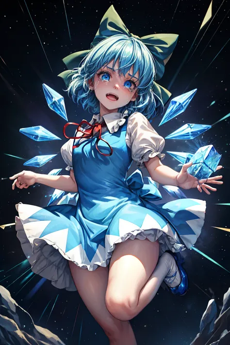 (masterpiece, top quality, best quality, beautiful and aesthetic:1.2), cirno_touhou, blue_hair, bow, hair_bow, short_hair, wings, ice, blue_bow, ice_wings, blue_eyes, bangs, blush, smile, open_mouth, hair_between_eyes, ribbon, neck_ribbon, full body, japan...