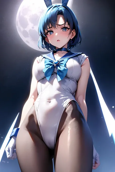 masutepiece, Best Quality, 1girl in, (Sailor Mercury),lightblue hair, (black eyes:1.2),((bunnygirl))、((leotard))、((embarassed expression))、((fullmoon))、((Photo from below))、((pantyhose))、((Short Hair Hair))、((White Long Gloves))、