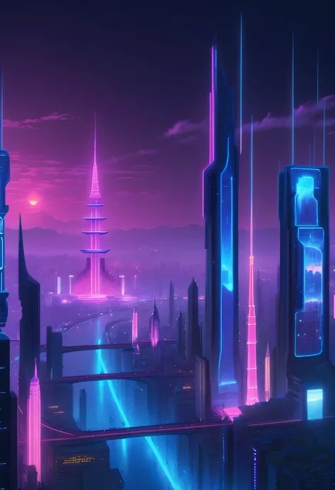 A vast network metropolis. neonlight,Embedded LED shine. A fusion of ancient legends and visions of the future, Excellent location，Features city views, (充满活力的neonlight:1.5), (digitial painting:1.25), (4K:1.2). enviroment: panoramic view of a city，skylines....