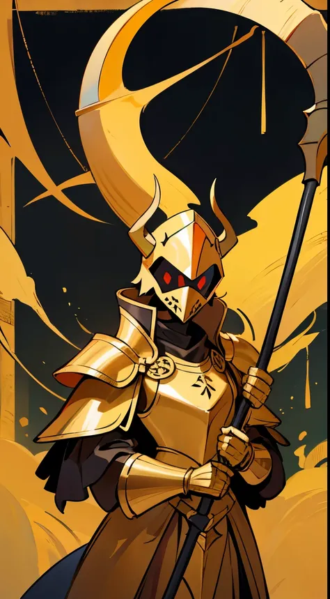 tall demon, in strange armor, gold colored, helmet with huge horns, Scythe in hand