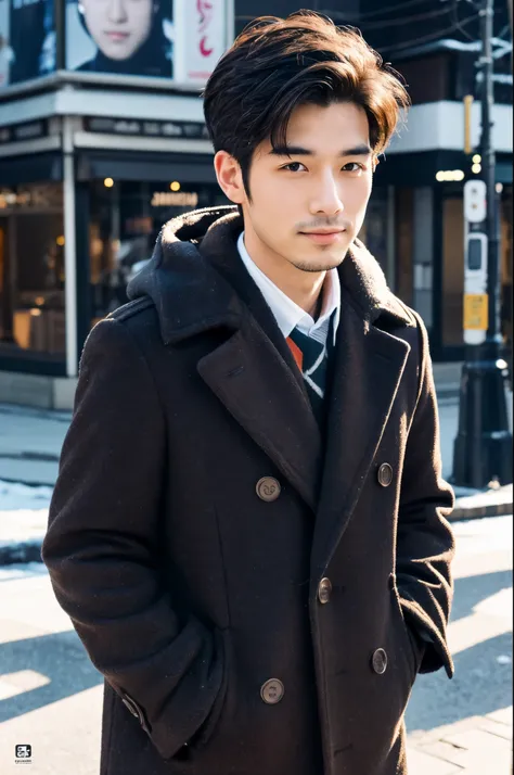 Photorealsitic, 8K full body poster, a handsome, japanes, a 25-year-old man, A charming expression, detailed face details, TOKYOcty, Winters, Shibuya in the background