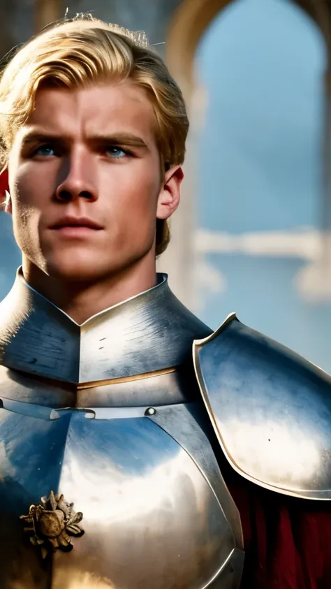 a young man, blond hair, european medieval scene, medieval knight in armor, shirtless, pecs, abs, handsome, attractive boy, euro...