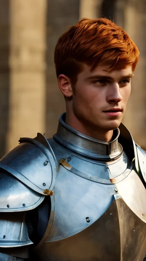 a young man, red hair, european medieval scene, medieval knight in armor, shirtless, pecs, abs, handsome, attractive boy, europe...