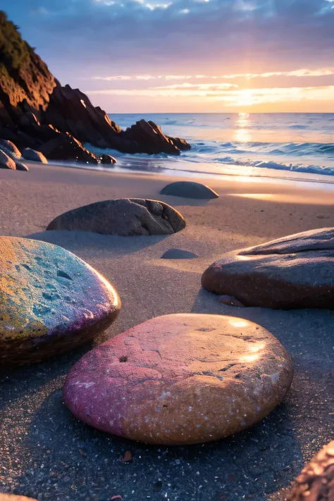 colorful rocks on the beach shore, dimmy lighting, high details, high quality, realistic, sharp focus