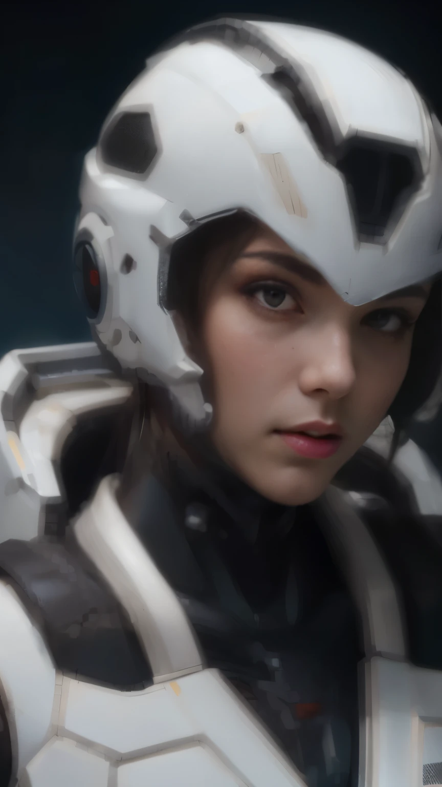 Masterpiece, Best Quality, ultra realistis, hyper-detailed, 8K resolution, RAW photo, sharp-focus, (1girl), 独奏, Gorgeous face, the perfect body, 25 years,  Portrait, Mecha, White armor, nanosuit, Sexy, messy  hair, Cinematic, Cinematic light, dark theme