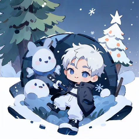 A boy with katana, white hair, round face, big blue eyes, smile, black jacket, Balenciaga clothes, Clothes oversized fashion streetwear, Air Jordan, winter, park, white snow, Christmas tree, snow cover, panorama, front