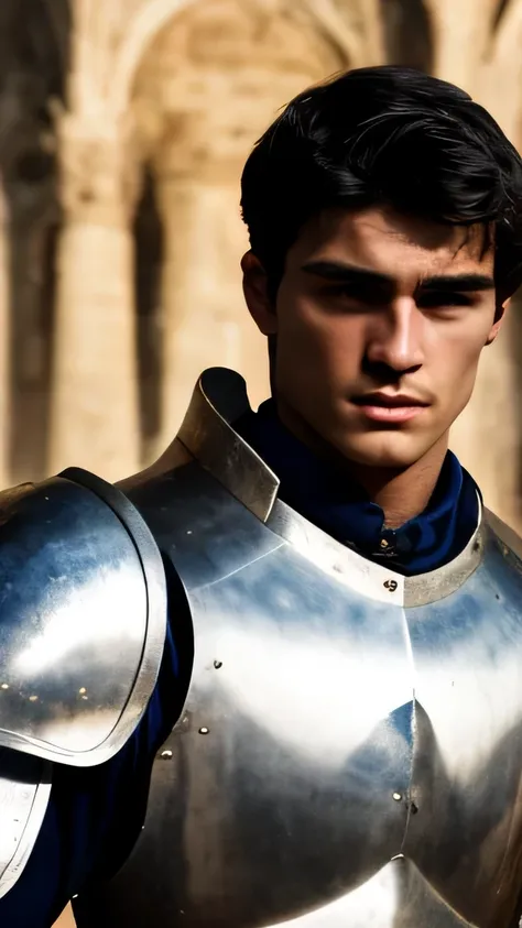 Un joven, cabello negro, escena medieval europea, caballero medieval con armadura, Camisa, Pecs, Abs, guapo, chico atractivo, Chico europeo, La mejor calidad, Kinematic, the most guapo boy, Strong jaw, Rostro armonioso, focus on the child, heroico, Medieva...