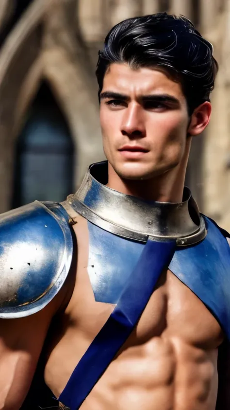 a young man, black hair, european medieval scene, medieval knight in armor, shirtless, pecs, abs, handsome, attractive boy, euro...