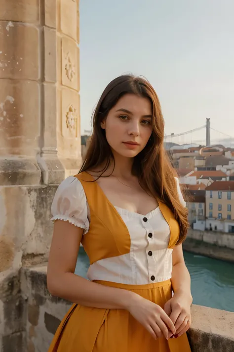 portrait of sks woman in Lisbon, at the Belem Tower, by Flora Borsi, style by Flora Borsi, bold, bright colours, ((Flora Borsi)), by Edward Weston,