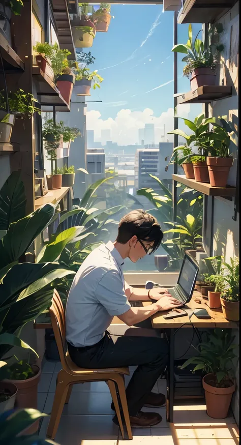 Lo-fi aesthetic, Guy with glasses, disheveled black hair, sitting at the table, Works on a laptop, does homework, soft lighting lamps, plants everywhere, plant in the foreground