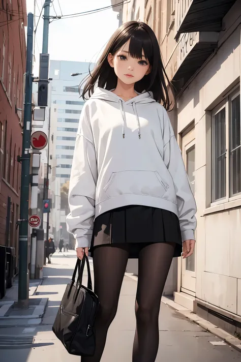 A girl wearing a sweatshirt, shorter pants, ((look from down)), Long stockings or pantyhose, ((Superskirt)), medium, pair,

(The is very detailed), (The details of the face are perfect), (Detailed hands), photorealistic image.