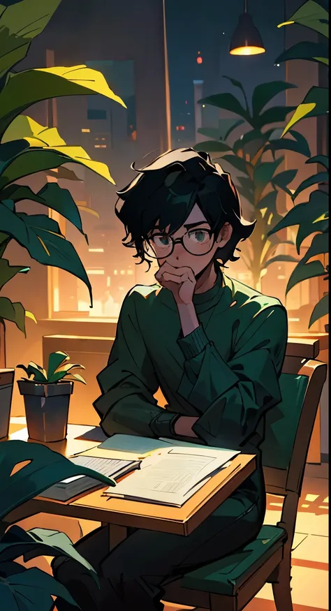 Lo-fi aesthetic, Guy with glasses, disheveled black hair, sitting at the table, Works on a laptop, does homework, soft lighting lamps, plants everywhere, plant in the foreground, evening lighting, lo-fi cafe