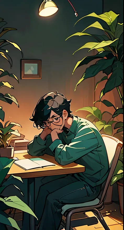 Lo-fi aesthetic, Guy with glasses, disheveled black hair, sitting at the table, Works on a laptop, does homework, soft lighting lamps, plants everywhere, plant in the foreground, evening lighting, lo-fi cafe