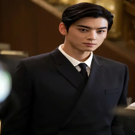 man in suit and tie standing in a room, inspirado por zhang han, siwoo kim, en un traje negro, con traje negro, con un traje nob...