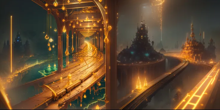 there is a train track with a bunch of lights hanging from it, inspired by Mike Winkelmann, by Mike Winkelmann, inspired by Carl Spitzweg, by Dan Christensen, magical concept art, beeple and mike winkelmann, surreal concept art, gold waterfalls, gold dripp...