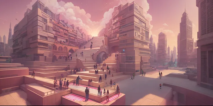 there are many people walking around a city plaza with stairs, beeple and jean giraud, recusion beeple, beeple masterpiece, beeple and tim hildebrandt, beeple |, beeple global illumination, beeple art, realism | beeple, beeple style, artgem and beeple mast...