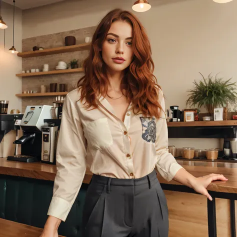 a photo of a seductive woman with loose styled redhead hair, posing in coffee shop, she is wearing button-up shirt and trousers,...