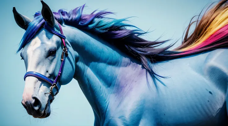 rainbow horse, light blue background, high details, high quality, realistic, sharp focus,