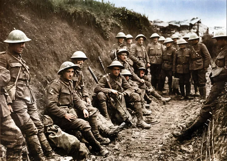 soldiers in uniforms are sitting on the side of a hill, colourised, ww1 photo, in trenches, ww1 trench, colourized, world war on...