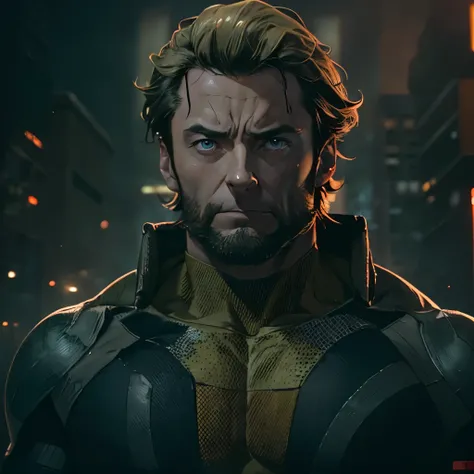 (masterpiece), 8k cg, intricate details, chromatic aberration, ((bust shot)), ((looking at viewer)), 1man, (Hugh Jackman, brown eyes, shaggy blonde hair, body suit), handsome face, strong face, frown, side burns, Wolverine, absurdres, cinematic lighting, d...