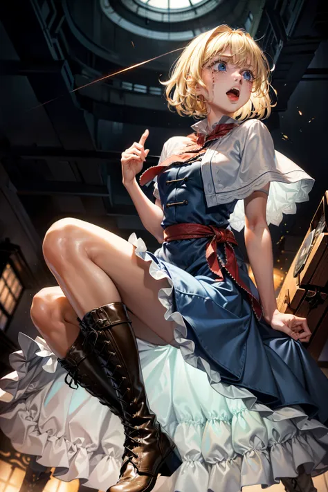 (masterpiece, top quality, best quality, beautiful and aesthetic:1.2), alice margatroid, 1girl,blonde hair, blue eyes, capelet, boots,dress,sash, bow, hair bow, short hair, cross-laced footwear, blue dress, lace-up boots, full body, japanese architecture, ...