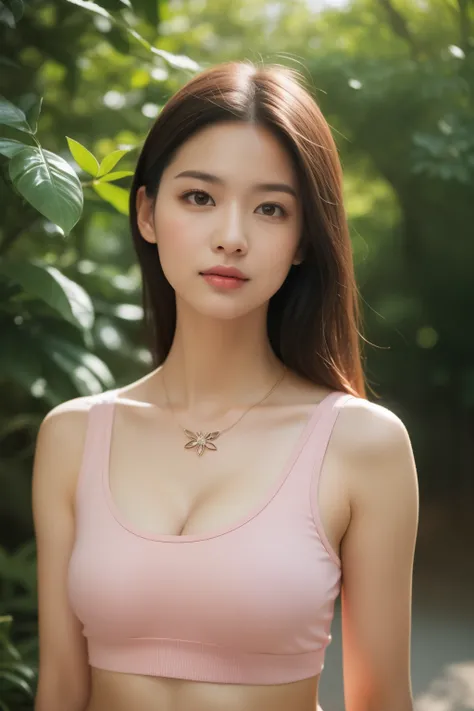 asian lady wear light pink tank top  ,   necklace, small breast, rounded shape breast,  ((she)), ((mid-shot, upper body, slender waist)), Hair Up Do、 Glowing eyes, nose blush, Carl Larsson, Alfonse Mucha, Chiaroscuro, Film Glenn, reflective light, (((mid-S...