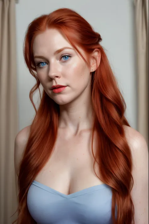 FACE SHOT OF A BEAUTIFUL PALE RED HAIR BOMBSHEL VALKYRIE, HUGE LONG HAIR, LOS HAIR, VERY PALE SKIN, LIGHT BLUE EYES, RED EYEBROWS, ROSY CHEEKS, HIGH CHEEKBONES, MENTAL FORAMEN, RED LIPS, CLOSED MOUTH, SERIOUS FACE, LOOKING AT CAMERA, BLUE NECK BODYSUIT, EX...