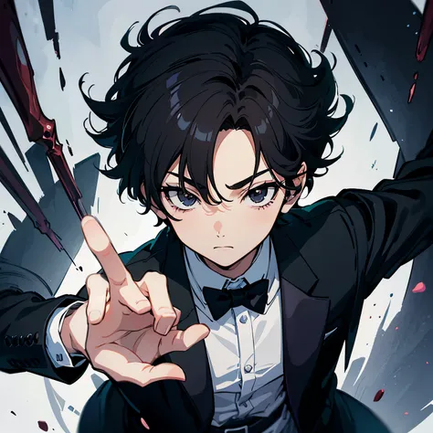 13 year old boy with short black hair and black eyes wearing a tuxedo in hunter x hunter art manga style.