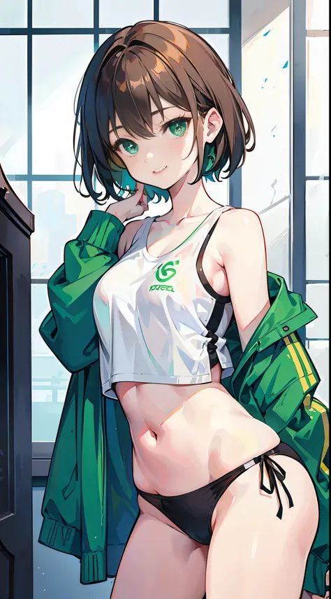 Under the legend，Chara，Teenage girl，sexy for，green color，short crop top，hot pant，Stalling&#39;s gull body standing painting，lacivious pose，with short brown hair，The face is red，Underwear model，lust，Hand repair，the detail，X-rated， The clothes ar，k hd，no und...