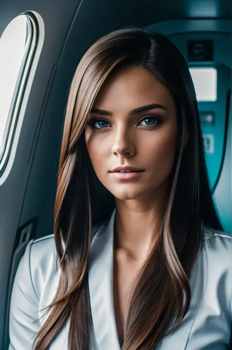 RAW portrait photo of 1 brunette woman with long hair, standing, in an aeroplane, wearing an airhostess uniform, cyberpunk neon lights lighting, imagem de perfil, russian supermodel, medium firm breasts, soio, revela seu corpo, transparente, altamente deta...