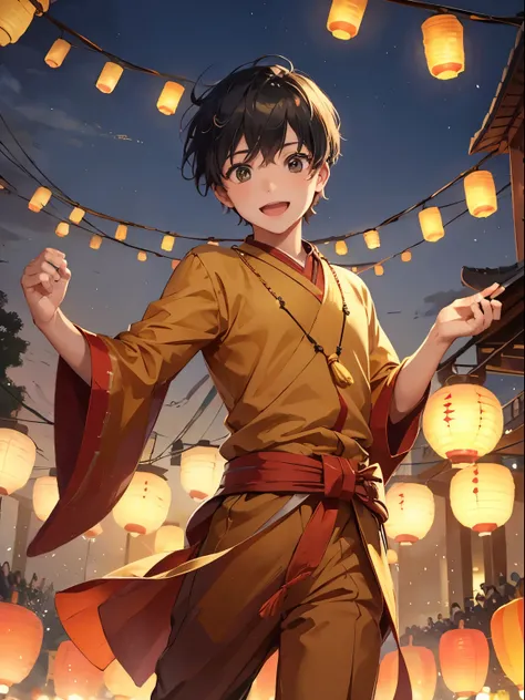 A boy dancing in festival of lights, lanterns in the sky, modern, happy face