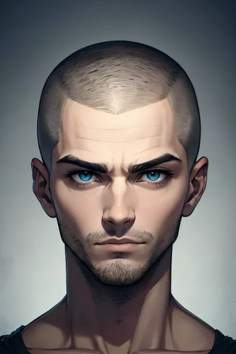 Um homem com buzzcut, cabelos muito curtos. head and look gloomy and gloomy on his face, pelos faciais ligeiros.