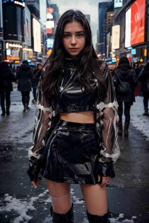 Photo of a 20 year old brunette woman, that has a very natural face, thin lips, Thin eyes, thin eyebrows, thin nose, long eyelashes,shes at the timessquare in new york, winter, snow, sky is dark, shes wearing boots, a black skirt and a tight jacket, ((ihr ...