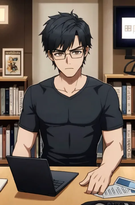 ember, black  hair, brown eye, eyeglasses, blue t-shirt, мужщина сидит за laptopом, laptop, a table, background room with booksh...