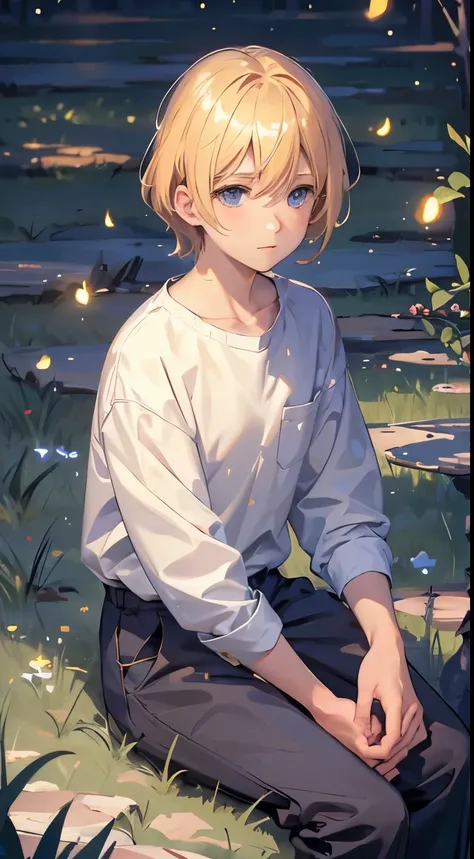 Starry night, field with fireflies, a young guy with sad bright eyes, with blonde hair, in oversized shirt and dark trousers, sitting on the grass, watchin the stars,