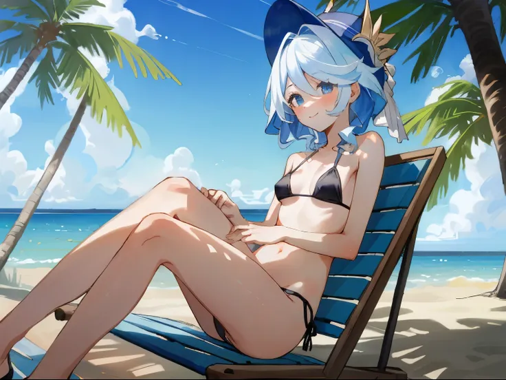 masterpiece, best quality,
1girl, furina (genshin impact), hat, blue eyes, silver hair, solo, symbol-shaped pupils,bangs, cute, (bikini), (((small breasts))), ((lated down)), ((beach)), beach resort, lounge chair, smile, sunshine, high contrast, close up, ...