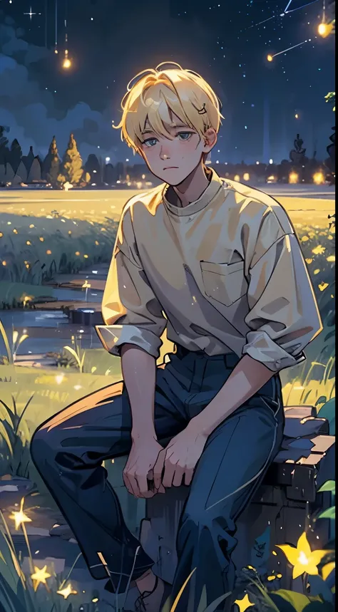 Starry night, field with fireflies, a young men with sad bright eyes, with blonde hair, in oversized shirt and dark trousers, sitting on the grass, watchin the stars,