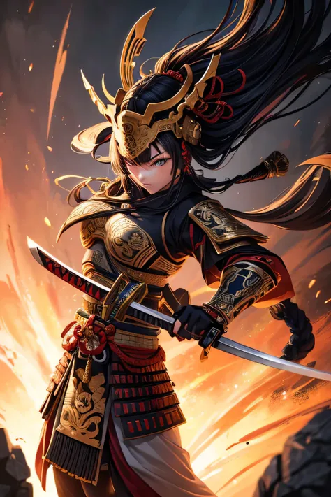 1girl, ancient shogun warrior, heavy ancient full body shogun armor and helmet, wielding a katana, combat stance, mean look, highly detailed, vibrant appearance, creative behavior, extremly detailed, imaginative, , spontaneous, highest quality, skin textur...