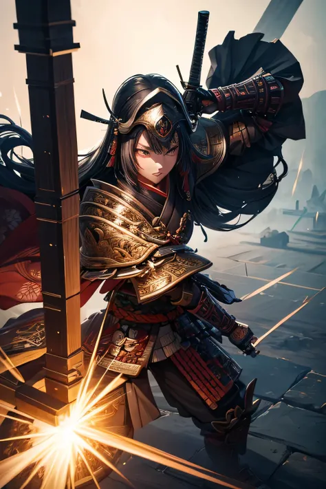 1girl, ancient shogun warrior, heavy ancient full body shogun armor and helmet, wielding a katana, combat stance, mean look, highly detailed, vibrant appearance, creative behavior, extremly detailed, imaginative, , spontaneous, highest quality, skin textur...