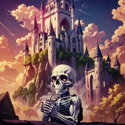 a skeleton drinking coffee with a castle in ruins in the background --auto --s2