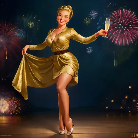 nsfw, photorealistic, beautiful face, (masterpiece:1.4), (best quality:1.4), extremely detailed, hyper-detailed, soft lighting, 45 years old pin-up woman standing in jubilant pose with champagne glass in her hand, big breasts, hard nipples, short blonde ha...