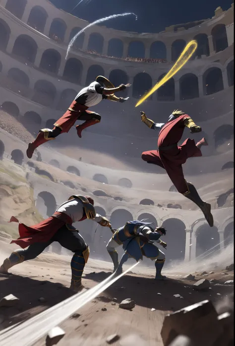 Escena de lucha, dynamic  pose, (Desenfoque de movimiento), emphasis line, Chispas, plasma, aura, 2 gladiadores en feroz batalla, 
 Coliseo romano,arena y sangre,espadas chocando