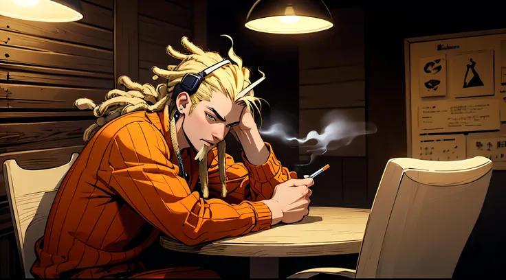 male character, goatee, Blonde dreadlock, smoking a cigarette, leaning on a table, listening to music with headset On, Side view, Warm light illuminating the face, dark environment, night, anime style, lofi boy, lofi vibe