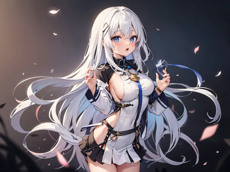 Long gray hair, White hair,Long gray hair, White hair, japan manga style , Fair skin, with her mouth open, eBlue eyes, on object, delicated face, Precise hands,4K,tmasterpiece，Big breasts,