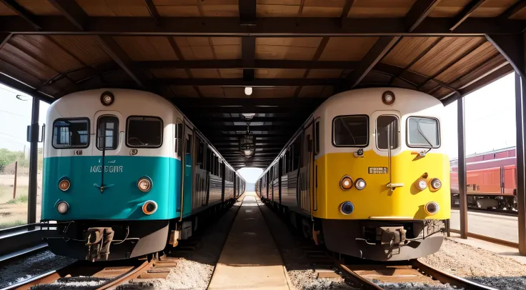 colorful train, each wagon has a different color, 24mm lens, wide-angle view, dynamic lighting, high details, high quality, realistic, sharp focus, professional photography,