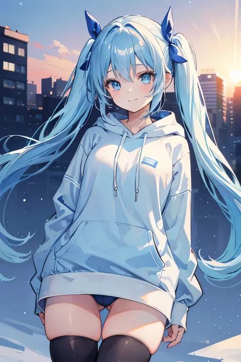 1girl, with light blue twintails hair and blue eyes, wearing a hair ribbon, blue and white hoodie. The scene is set in winter, sunset, looking directly at the viewer, thighhighs, wide open legs, smiling