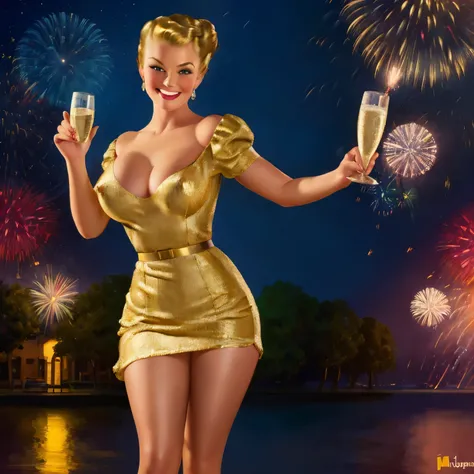 nsfw, photorealistic, beautiful face, (masterpiece:1.4), (best quality:1.4), extremely detailed, hyper-detailed, soft lighting, 45 years old pin-up woman standing in jubilant pose with champagne glass in her hand, big breasts, hard nipples, short blonde ha...