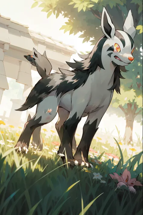 mightyena、graena、flower  field、grass field、cute little、tiere、a pokémon、graena、depth of fields, perfect lighting, lightest partic...