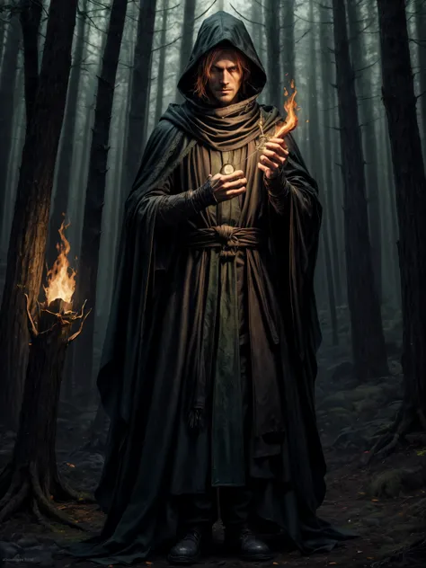 realistic drawing,tall male fire mage wearing a black hooded coat, the lower part of the face is covered with a black scarf,  stands tall in the forest, around glowing green runes, Late Autumn, nightfall, in the style of detailed costumes, nightfall, Emoti...